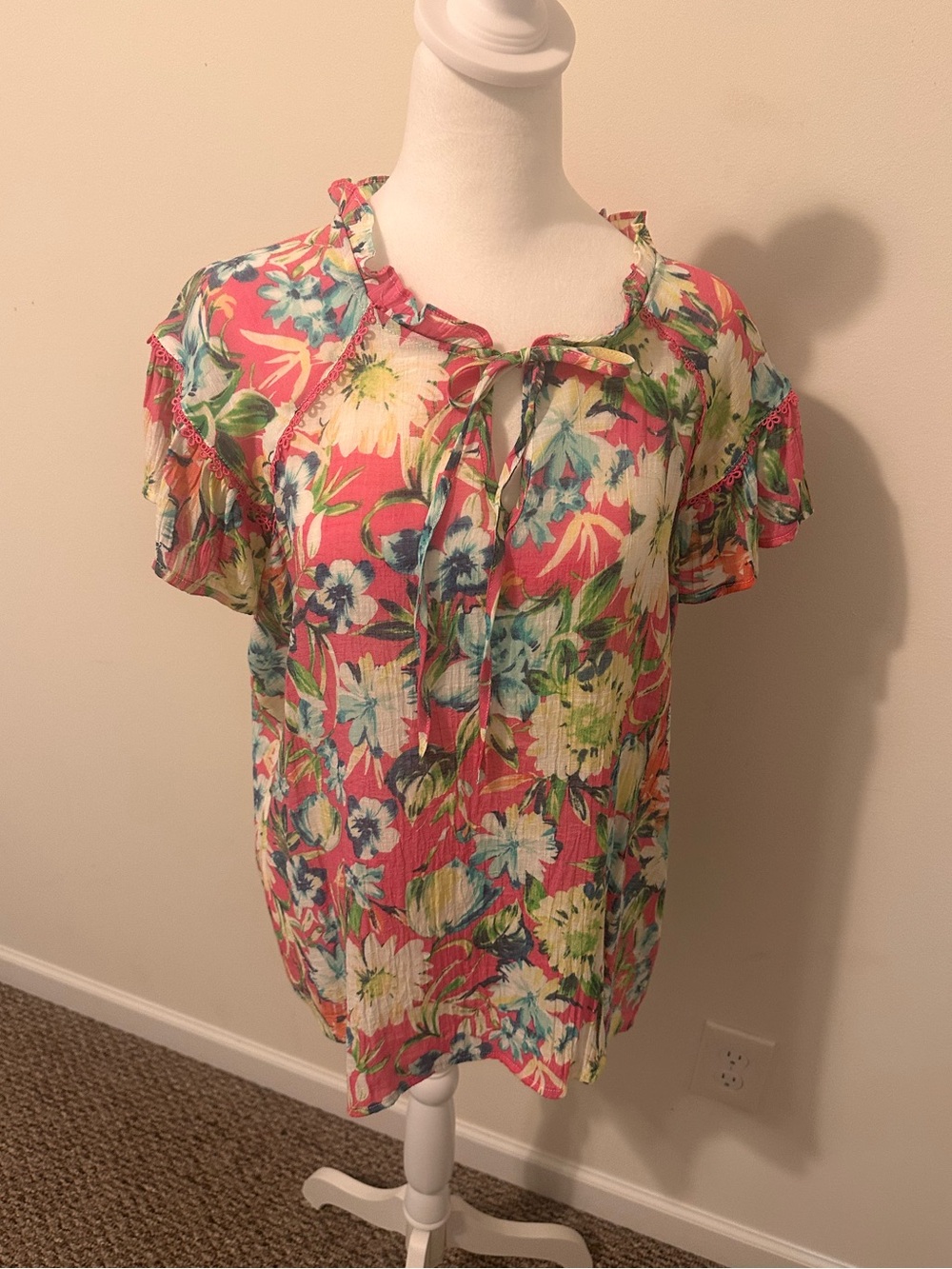 Counterparts Pink Tropical Floral Blouse Ruffle Sleeve XL